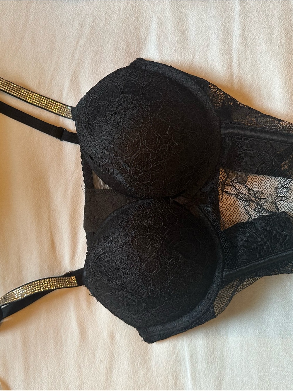 Victoria's Secret Black Lace Push-Up Bra Corset top with Rhinestone Straps